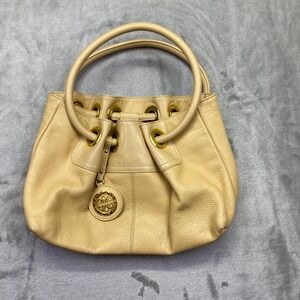 CARBOTTI Leather Drawstring Shoulder Bag Beige Gold Hardware Made in Italy